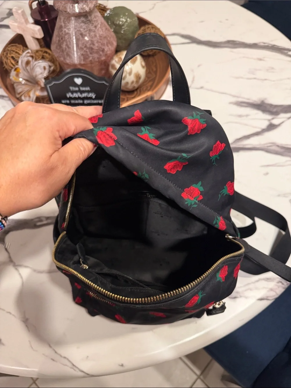 kate spade black backpack with red rose print